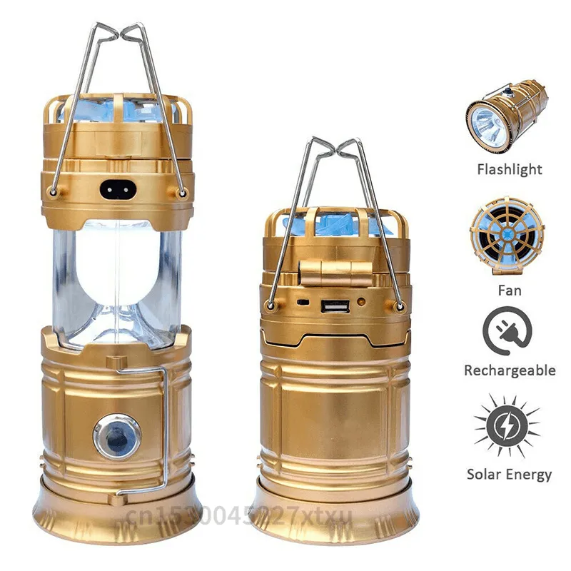 6 in 1 Portable Outdoor LED Camping Lantern With Fan Solar Rechargeable