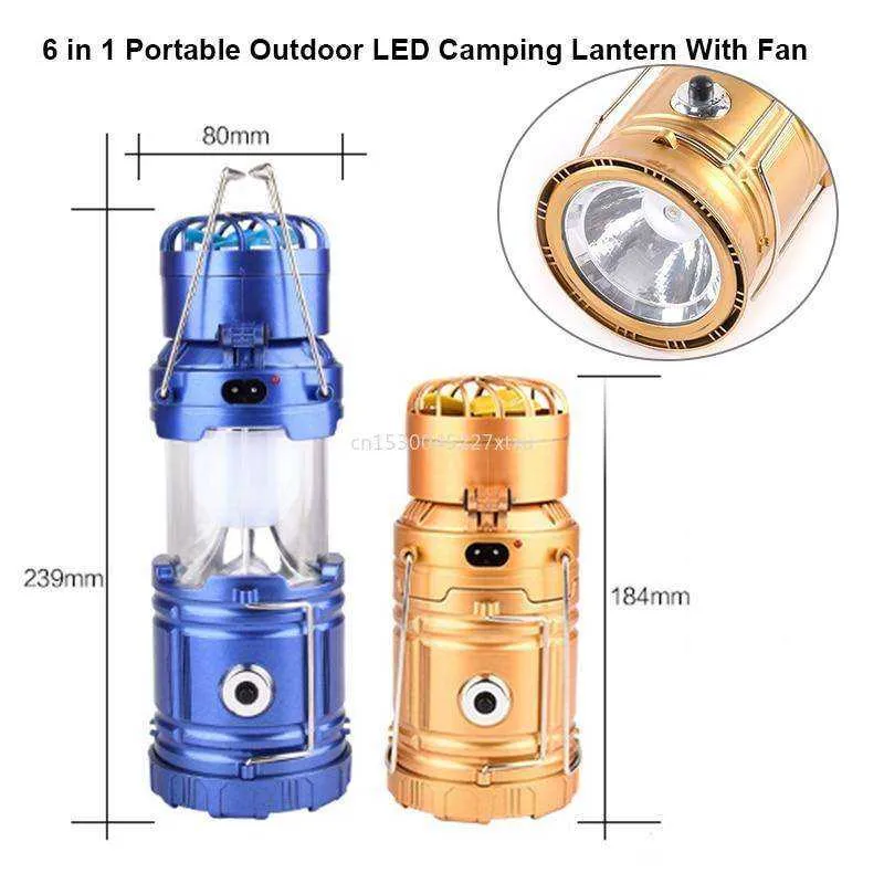 6 in 1 Portable Outdoor LED Camping Lantern With Fan Solar Rechargeable