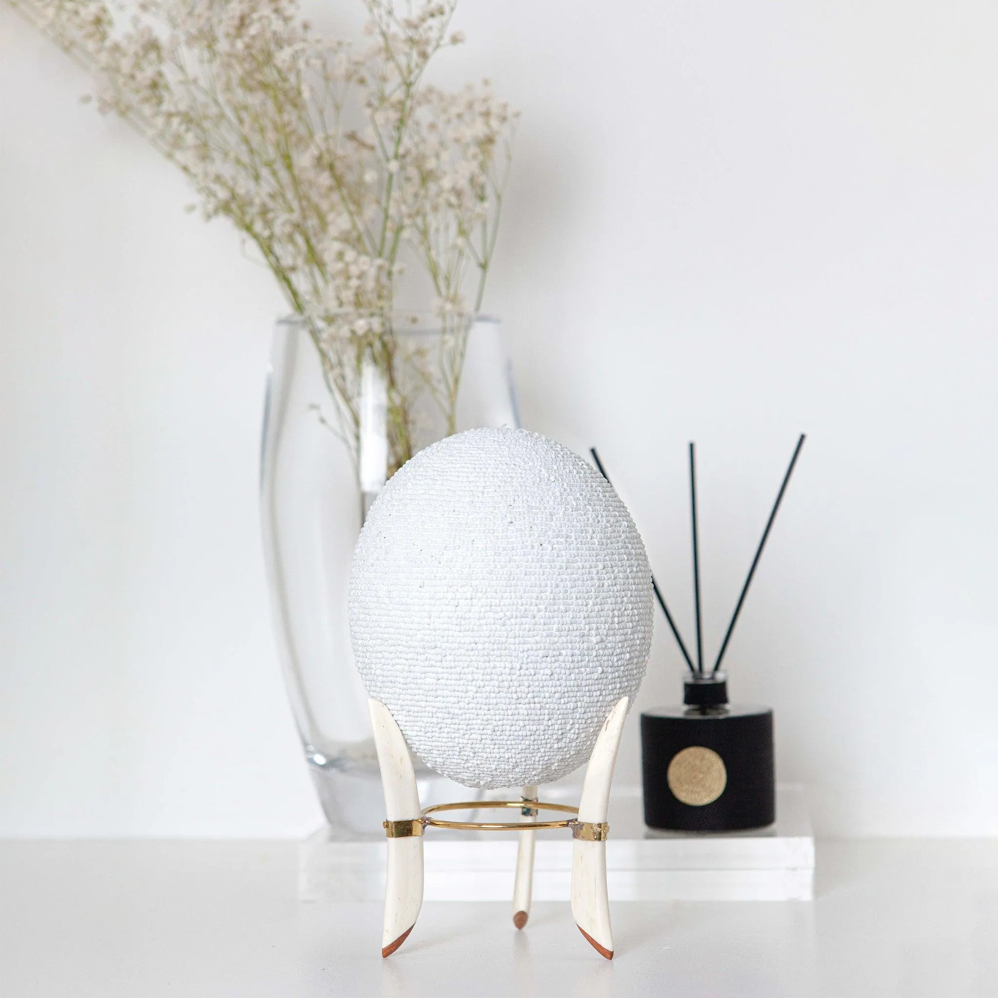 Beaded Ostrich Egg White Decorative Object