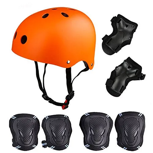 Kids Biking, Cycling, Sports Protective Gear Pads set w/Adjustable Helmet, Knee Pads, Elbow & Wrist Pads, Orange