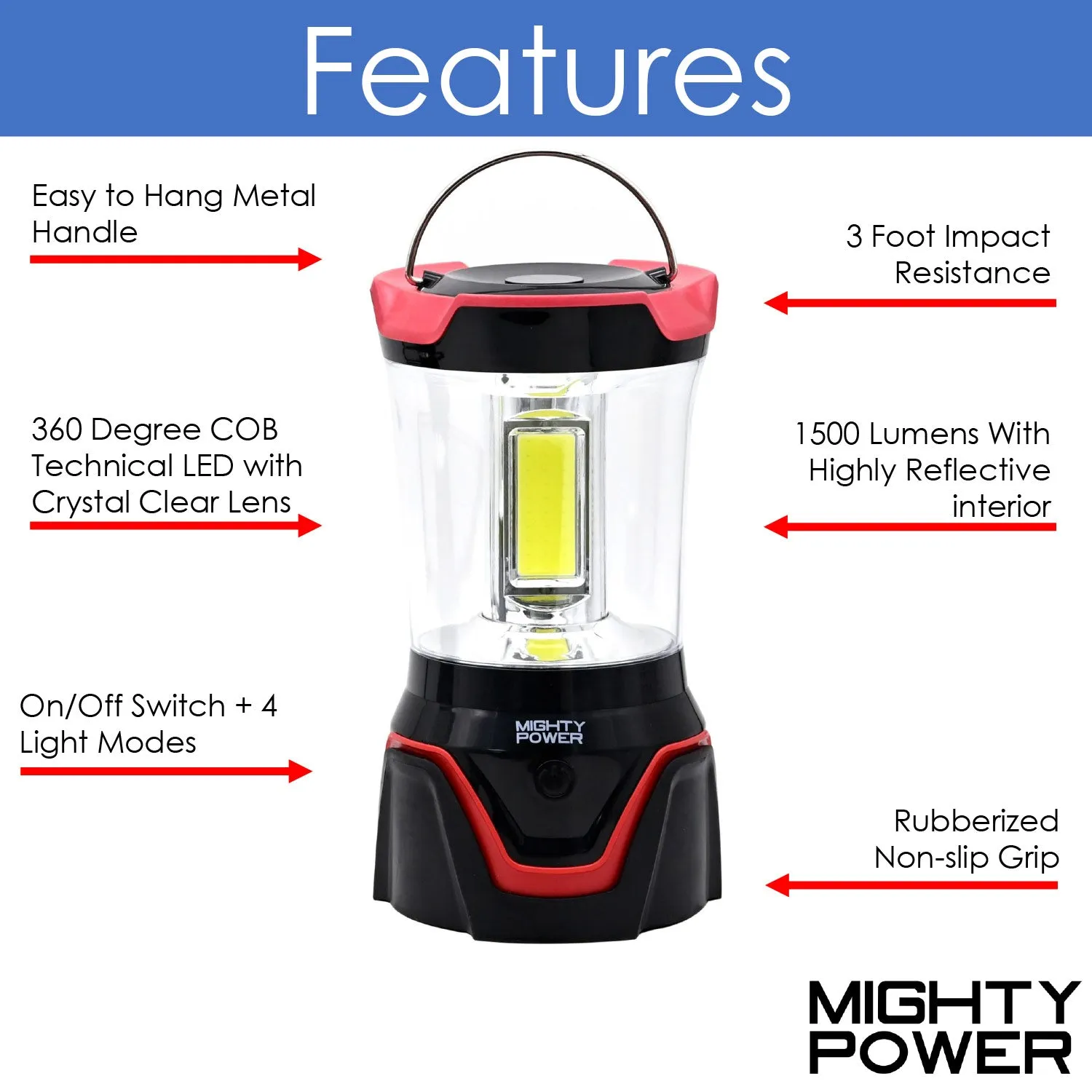 Mighty Power COB LED Camping Lantern with 4 Light Modes, Red, 1500 Lumens