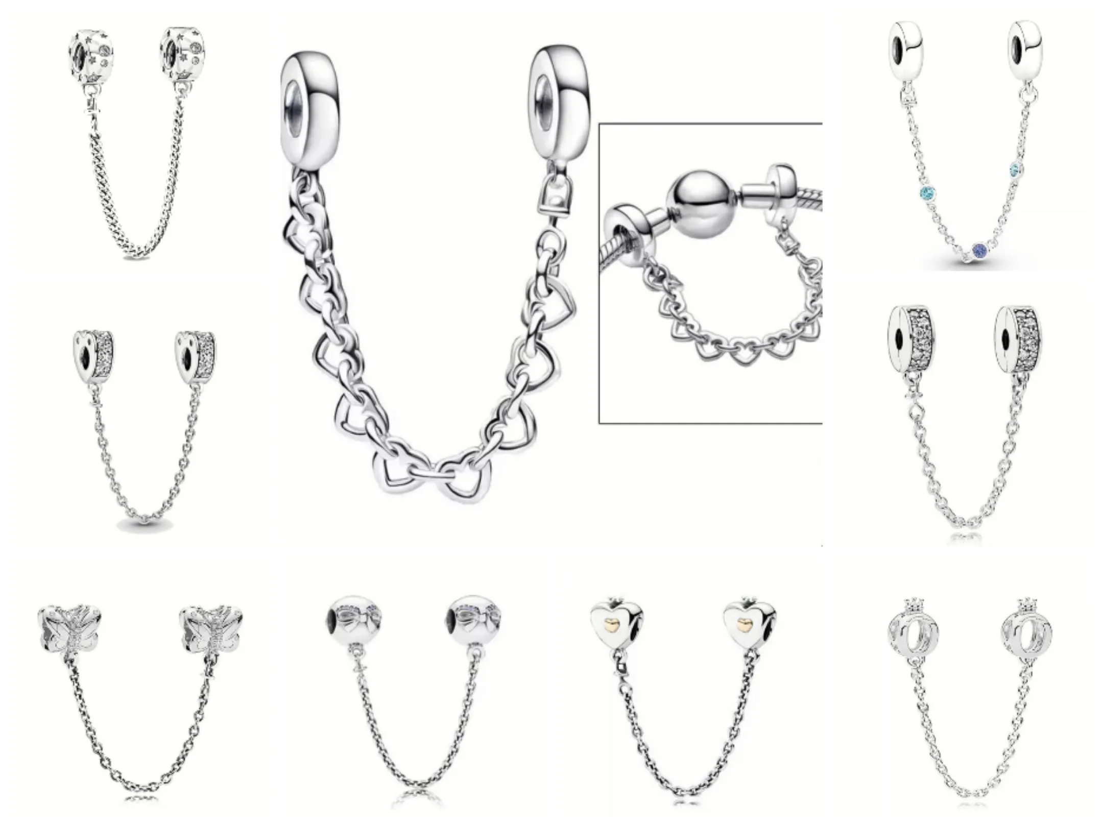 Sparkly Heart Safety Chain - 925 Sterling Silver