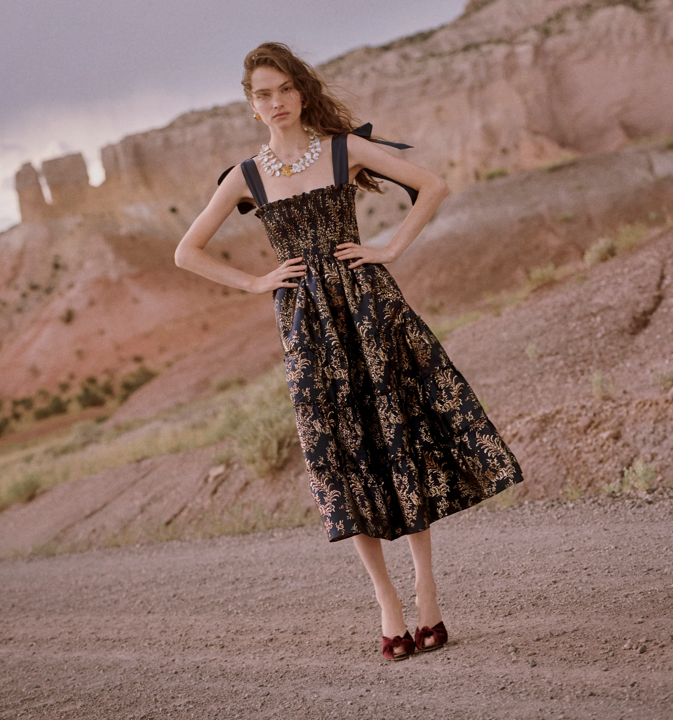 The Ribbon Ellie Nap Dress - Navy Bird Brocade