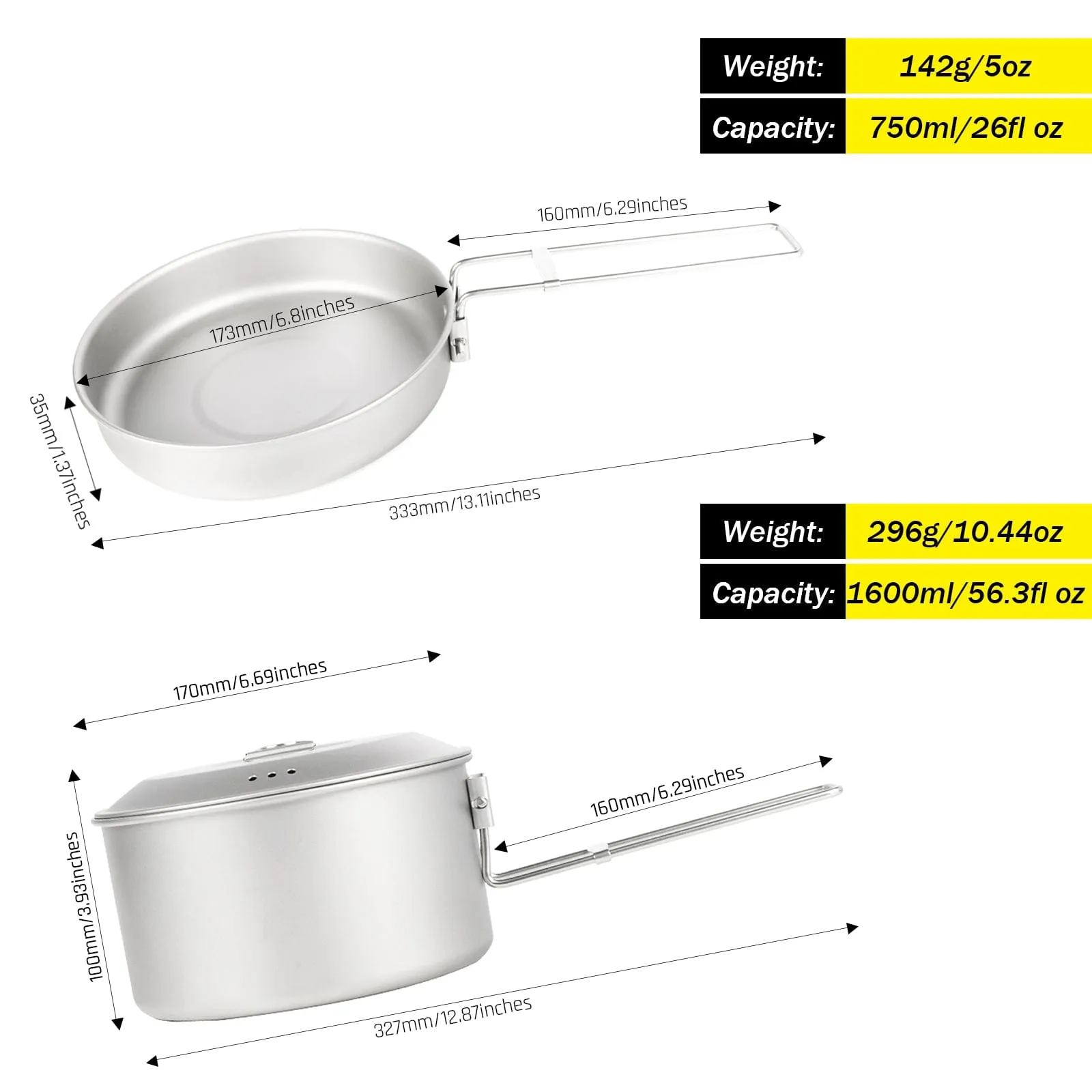 Titanium Camping Cookware Set - 1600ml/54.1 fl oz
