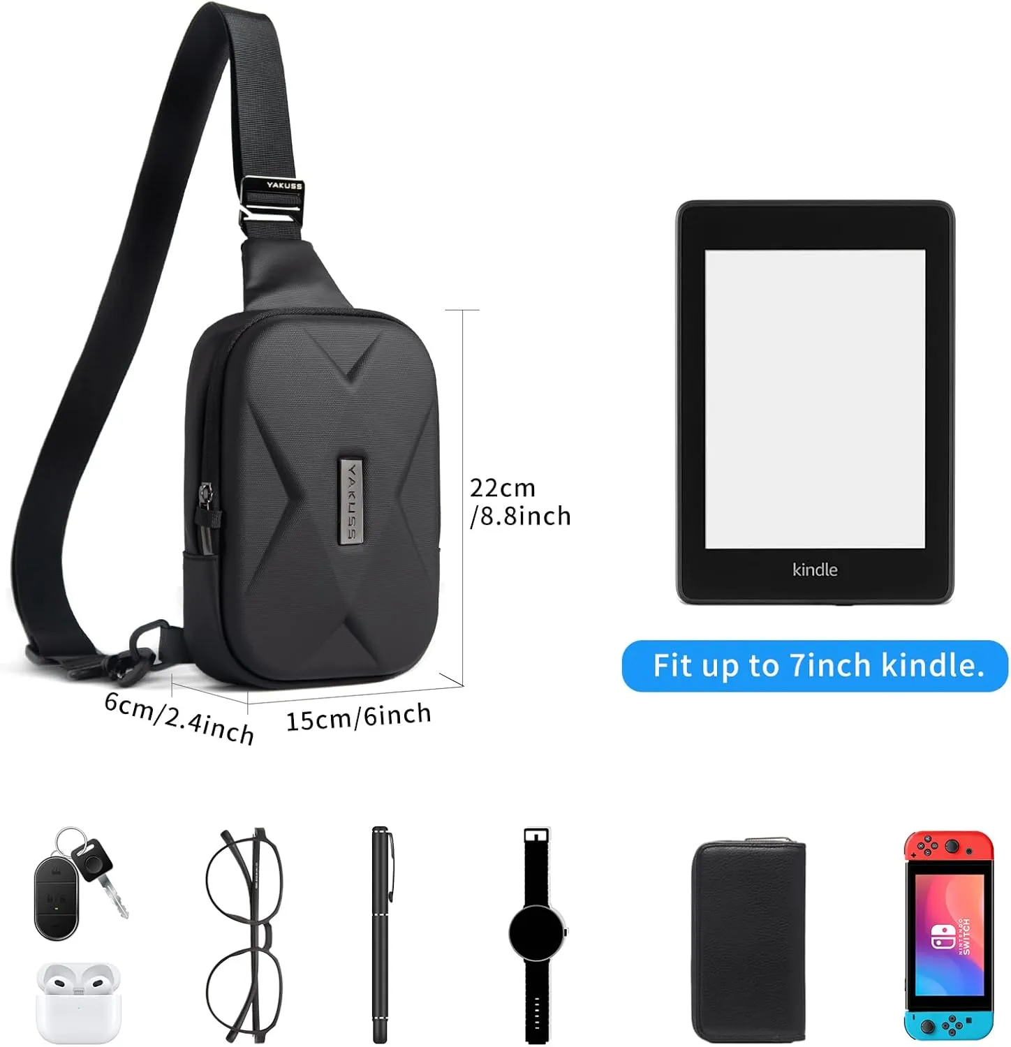 YaKuss Hard Shell Sling Bag for Men and Women, Waterproof Anti-Theft bag for Travel, Men Crossbody Bags for gift, Black